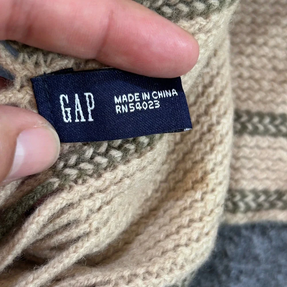 Gap Lambswool Blend Ribbed Knit Striped Fringe Scarf Tan Olive Green